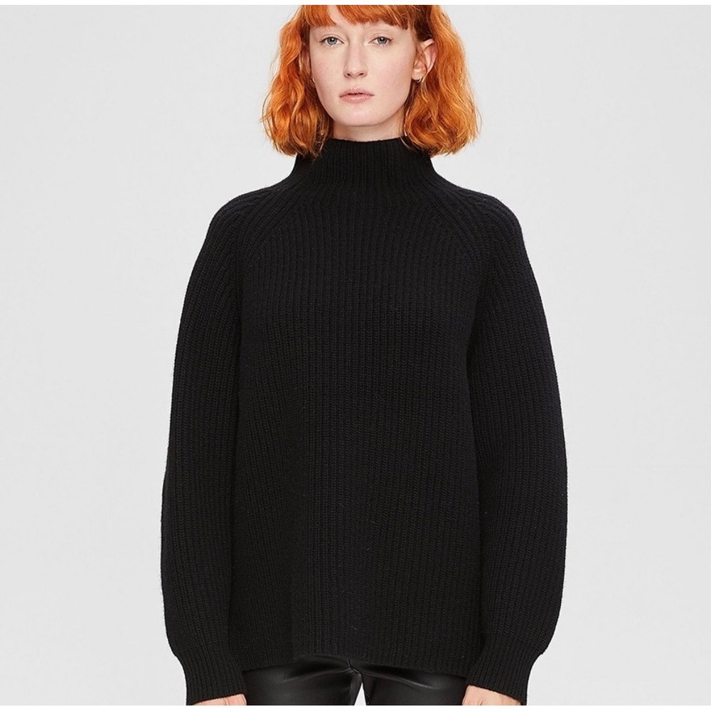 Theory Fine Haven Black Wool Cashmere Ribbed Mock Neck Sweater Large